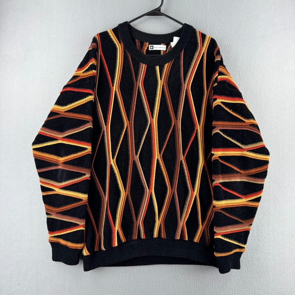 Vintage Bachrach Sweater Mens XL 3D Knit Acrylic Cotton Blend Black Crewneck 90s